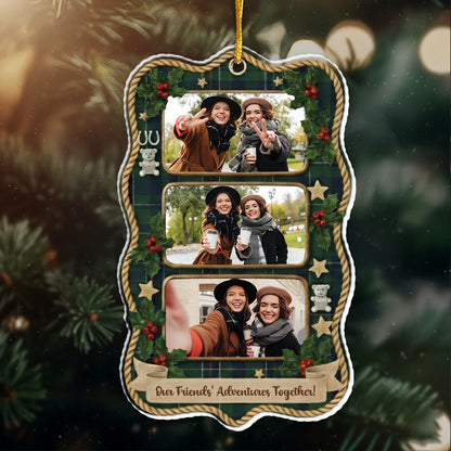 Our Adventures Friends Together Custom Photo Ornament - Plaid Christmas Frame Gift