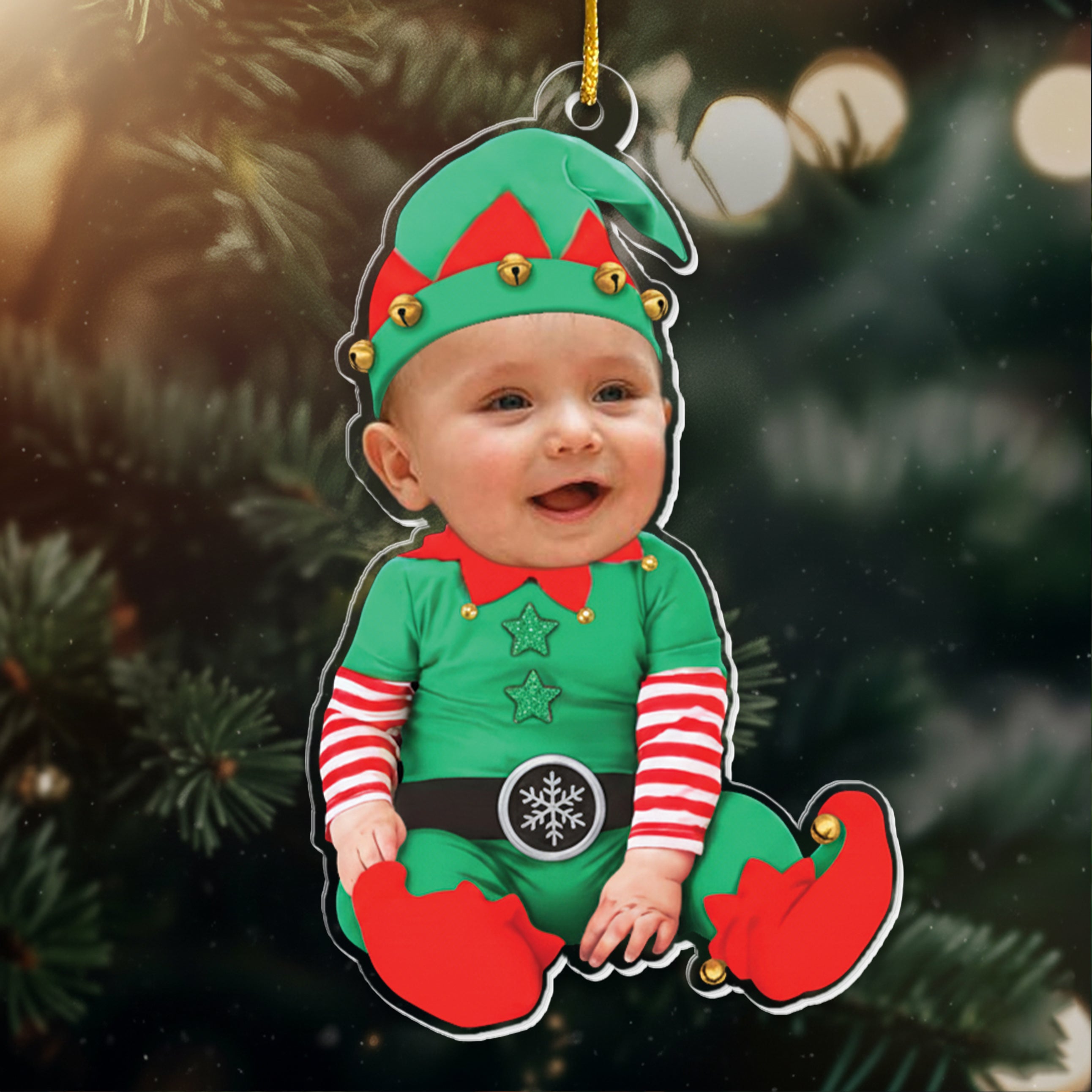 Adorable Newborn Baby Elf - Personalized Babys Photo First Christmas Ornament