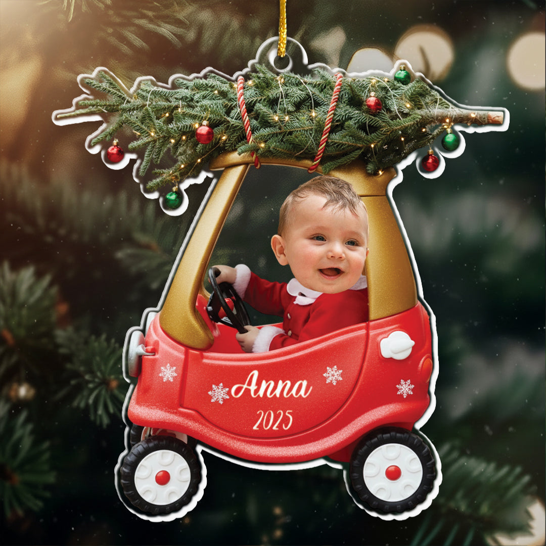 Custom Baby Kid In Car - Personalized Newborn Christmas Photo Ornament
