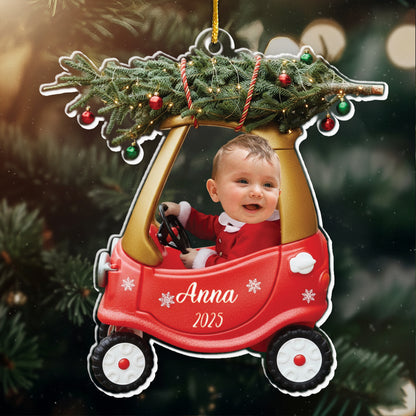 Custom Baby Kid In Car - Personalized Newborn Christmas Photo Ornament