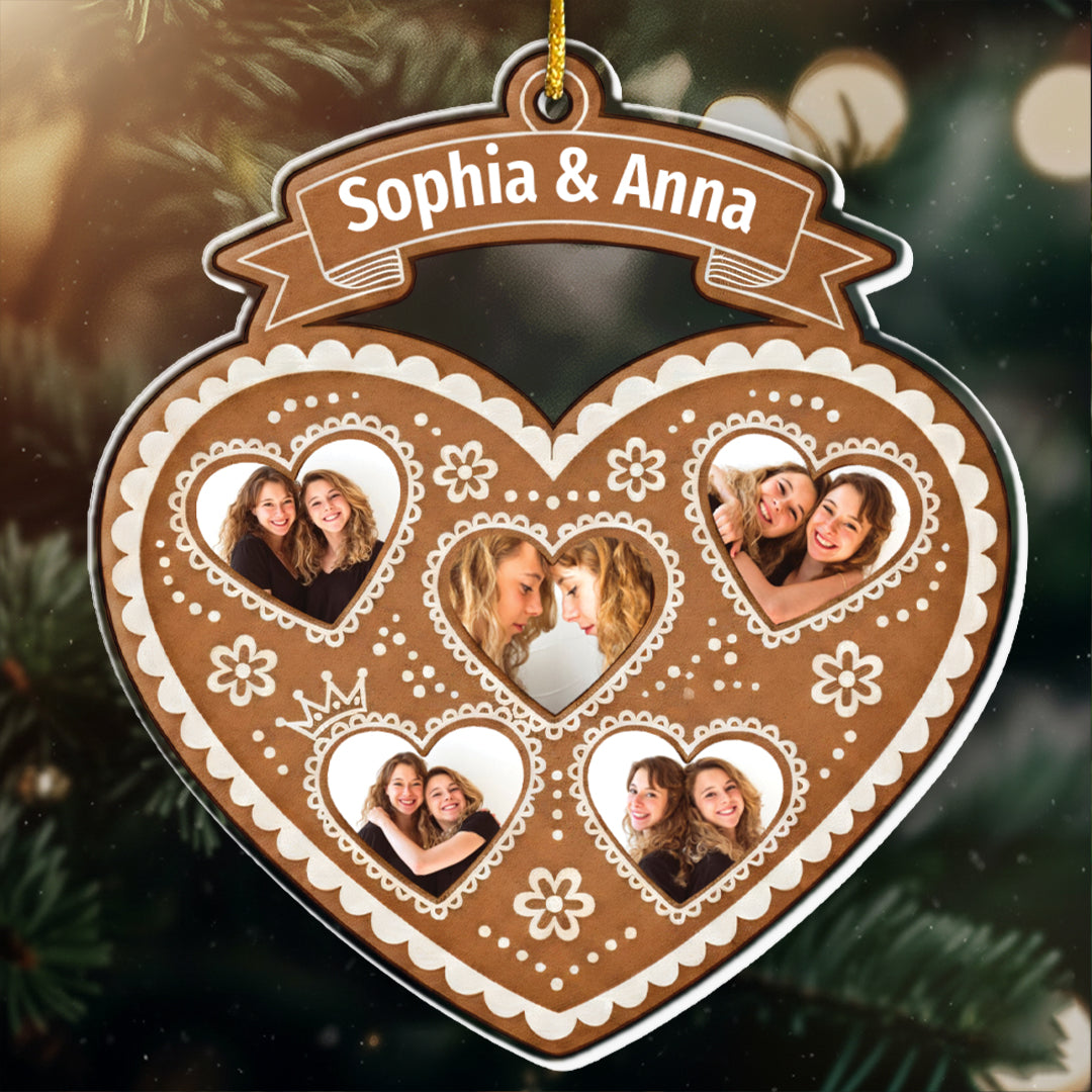 Gingerbread Heart Frame Ornament - Custom Names & Est. Year Gift for Sisters