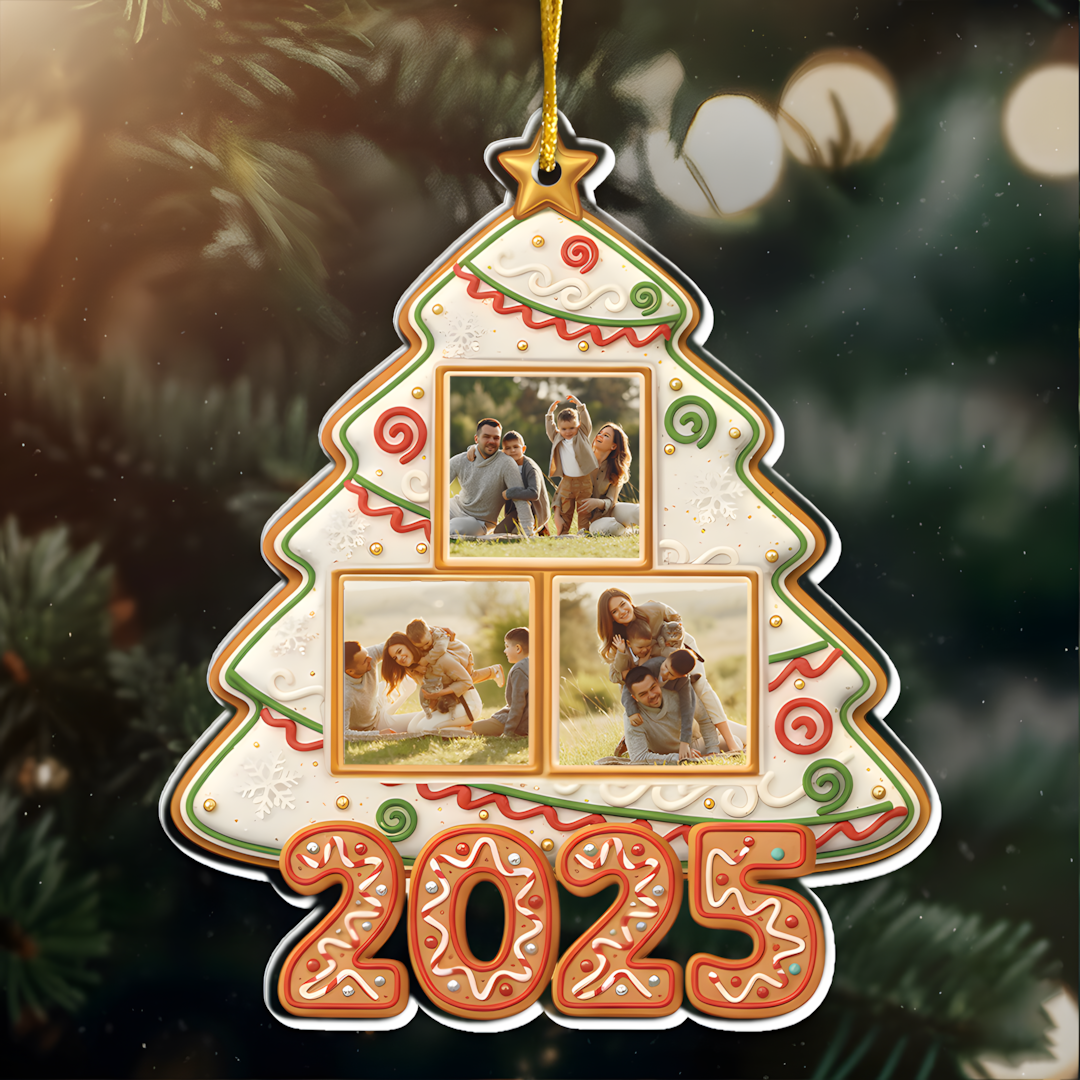 Custom Photo Happy Family Christmas Tree Gingerbread - Personalized Custom Shaped Acrylic Ornament