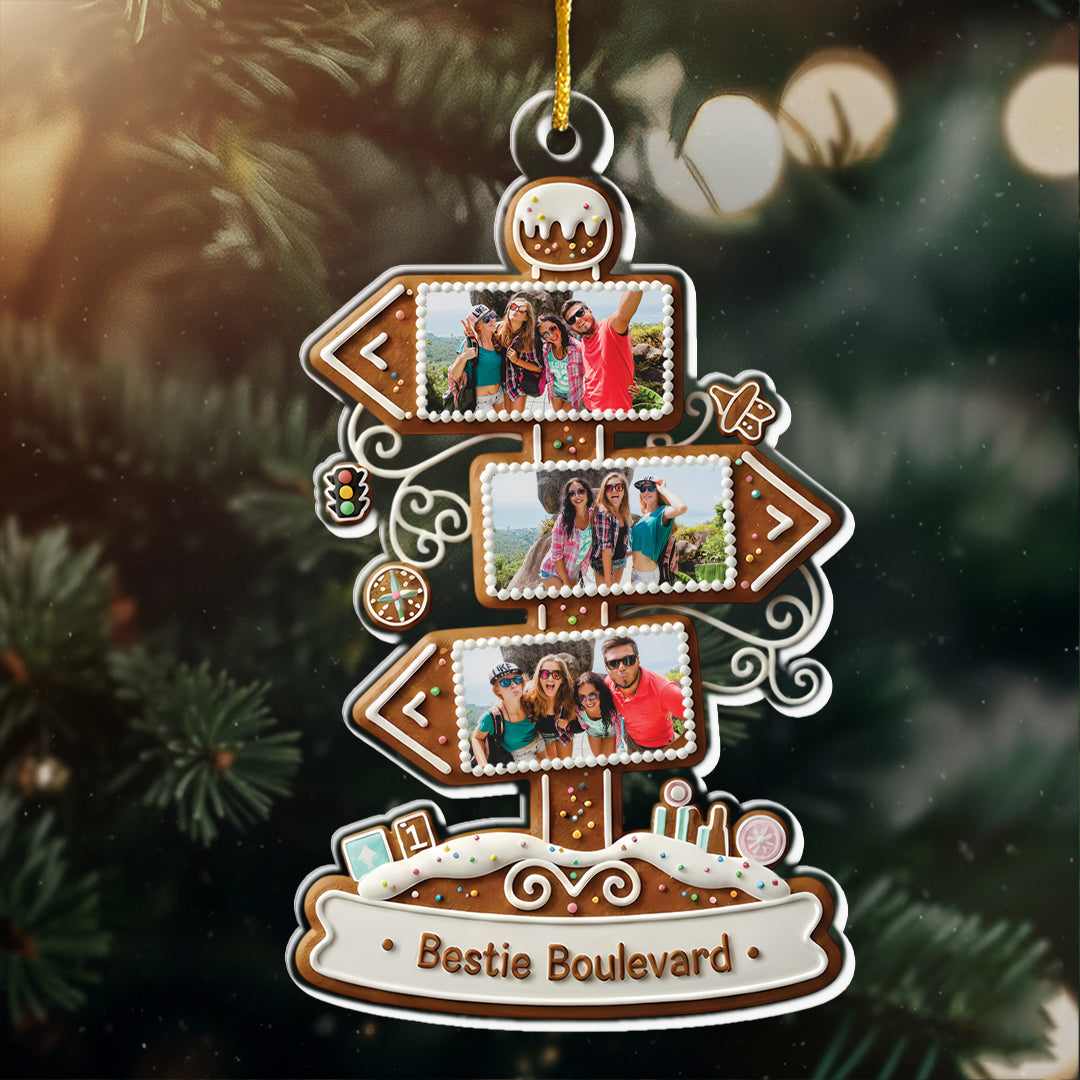 Bestie Boulevard Custom Photo Upload Ornament - Gingerbread Sign Christmas Gift 2025
