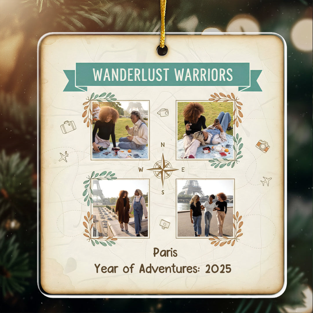 Wanderlust Warriors Personalized Photo Ornament - Custom 4 Pictures Travel Keepsake