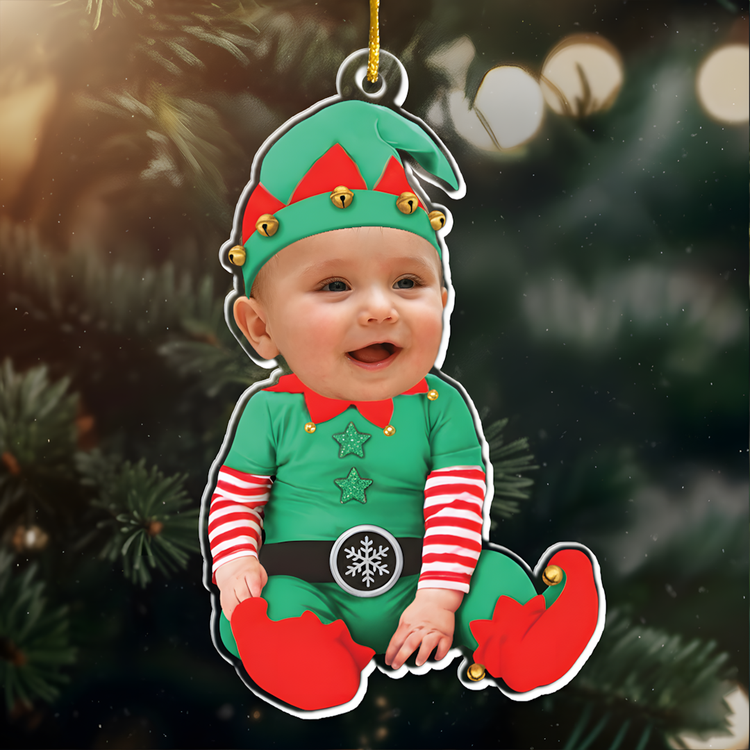 Adorable Newborn Baby Elf - Personalized Babys Photo First Christmas Ornament