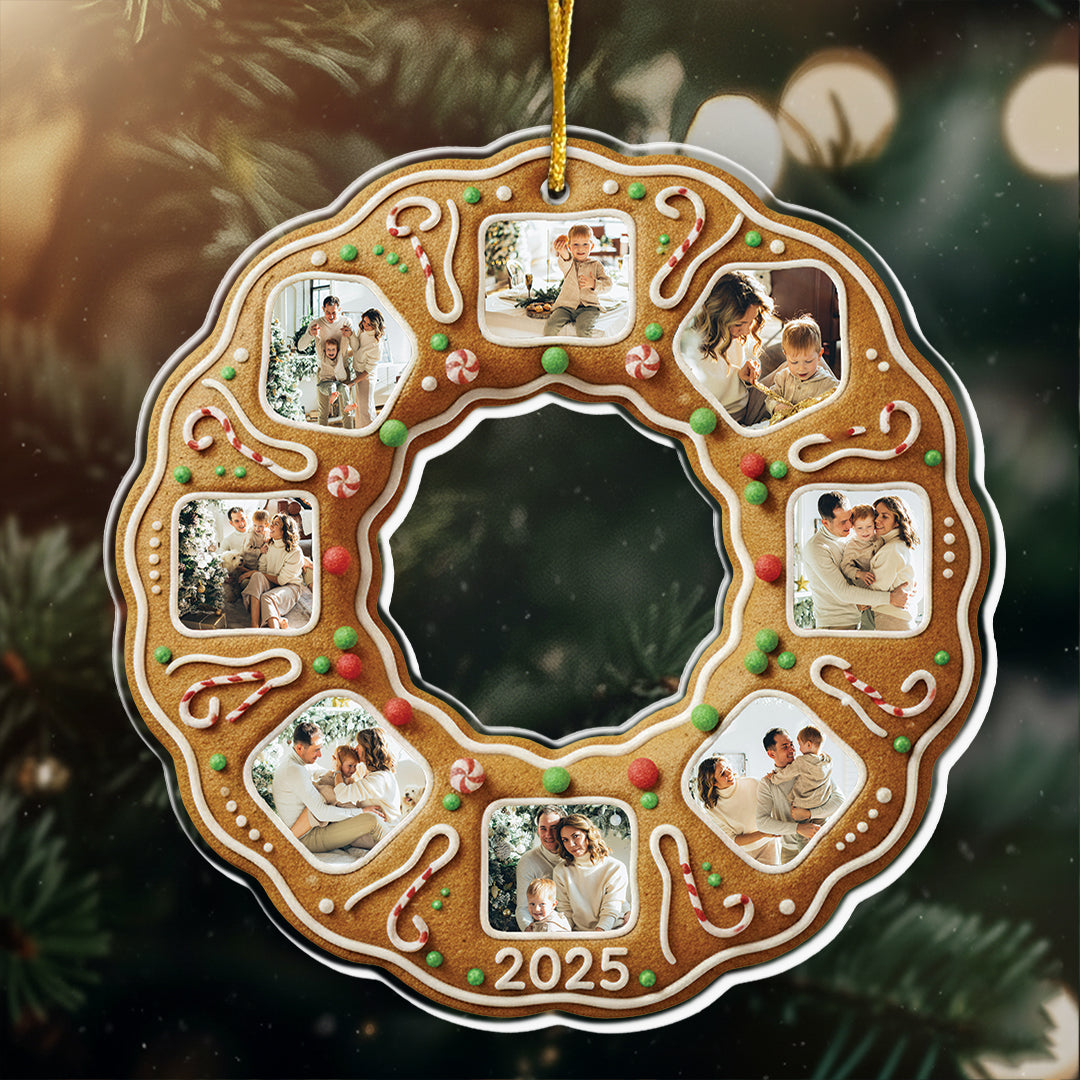Gingerbread Christmas Wreath With Family Photos - Personalized Acrylic Ornament