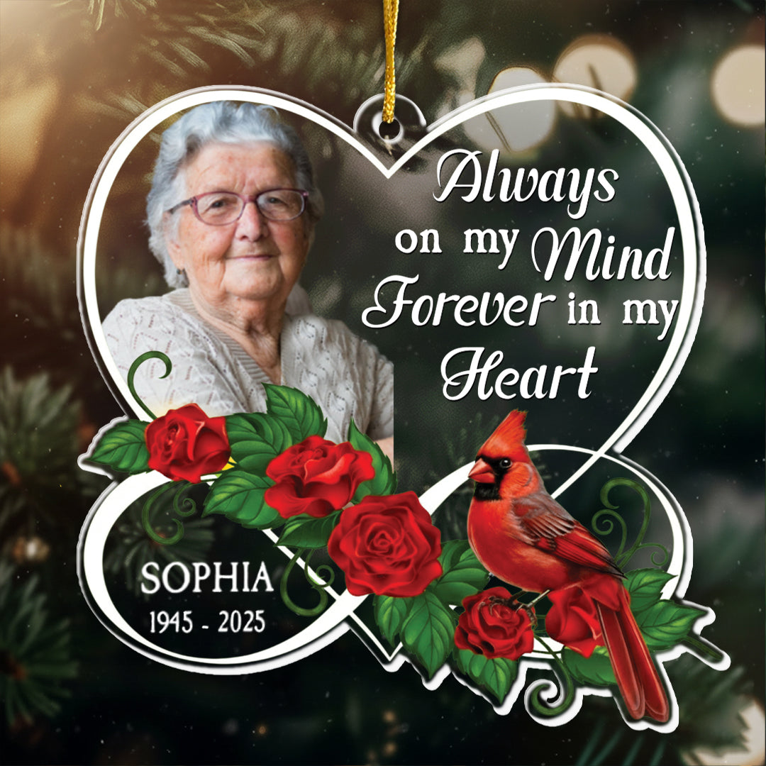 Forever In My Heart Memorial Cardinal Rose - Personalized Acrylic Photo Ornament
