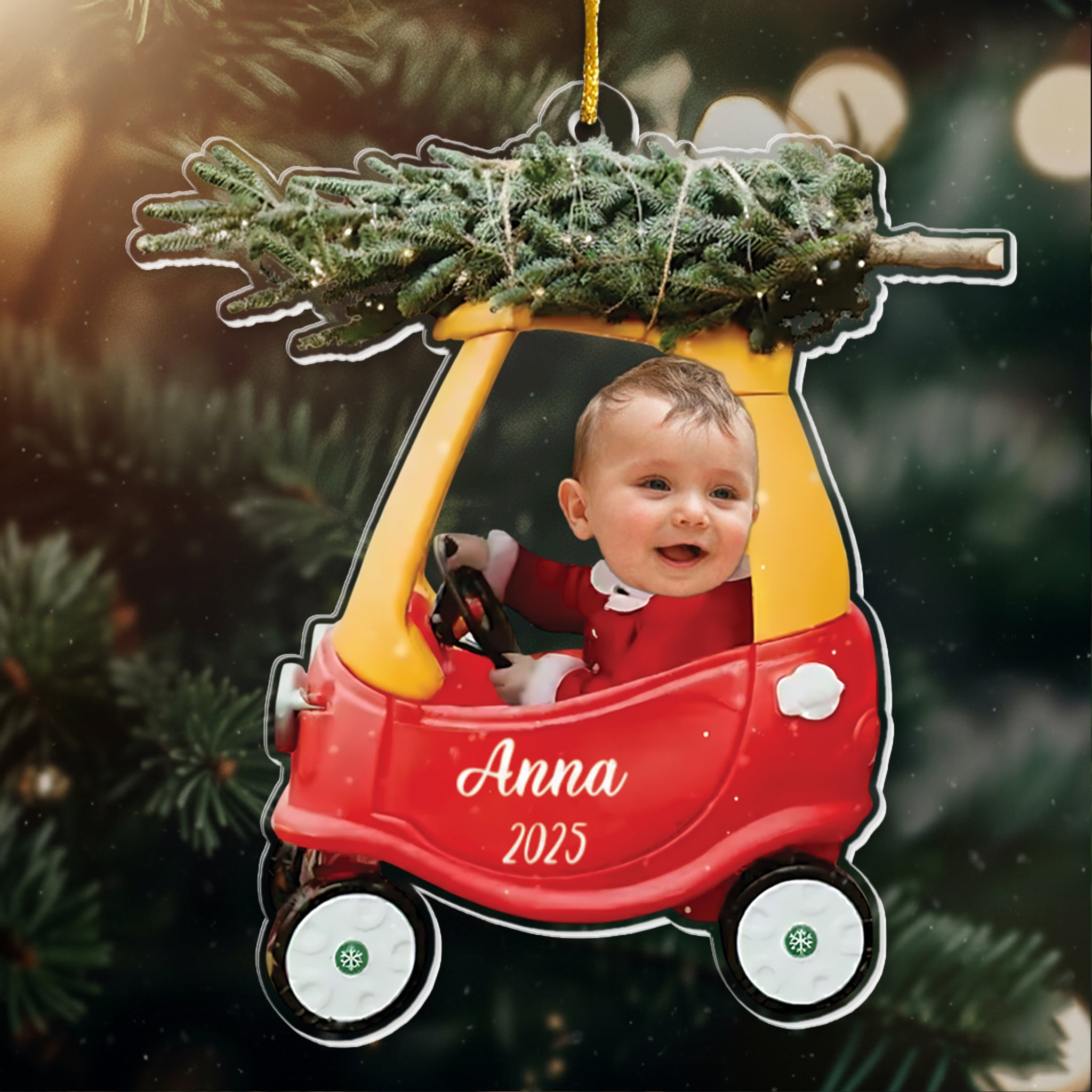Custom Baby Kid In Car - Personalized Newborn Christmas Photo Ornament