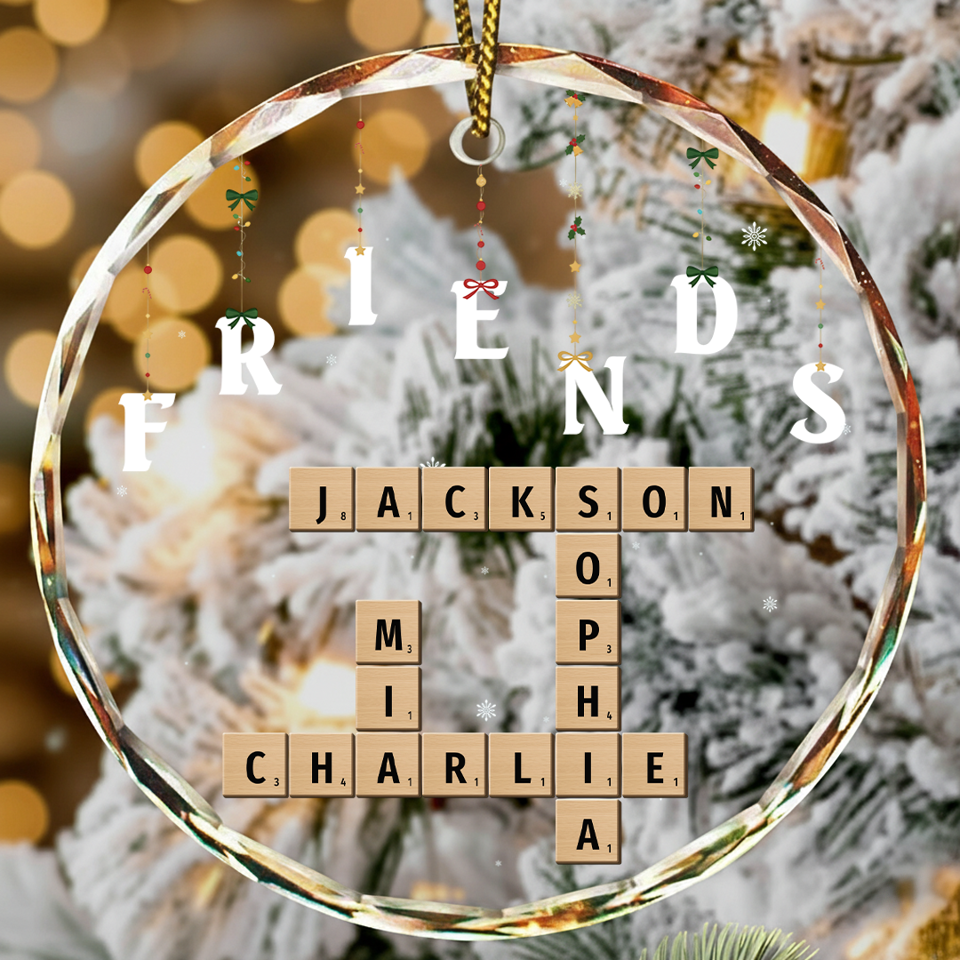 Friends Besties Sisters Brothers Family Crossword Scrabble - Personalized Circle Glass Ornament