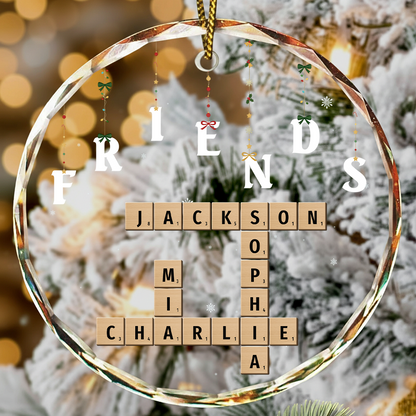 Friends Besties Sisters Brothers Family Crossword Scrabble - Personalized Circle Glass Ornament
