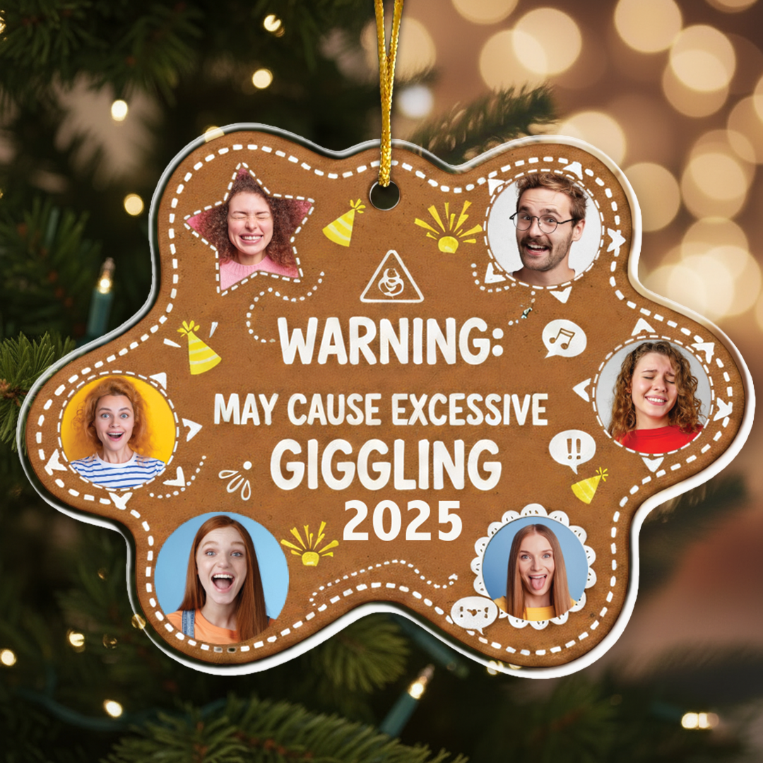 Warning: May Cause Giggling Funny Photo Ornament - Custom Names & Pictures Gift