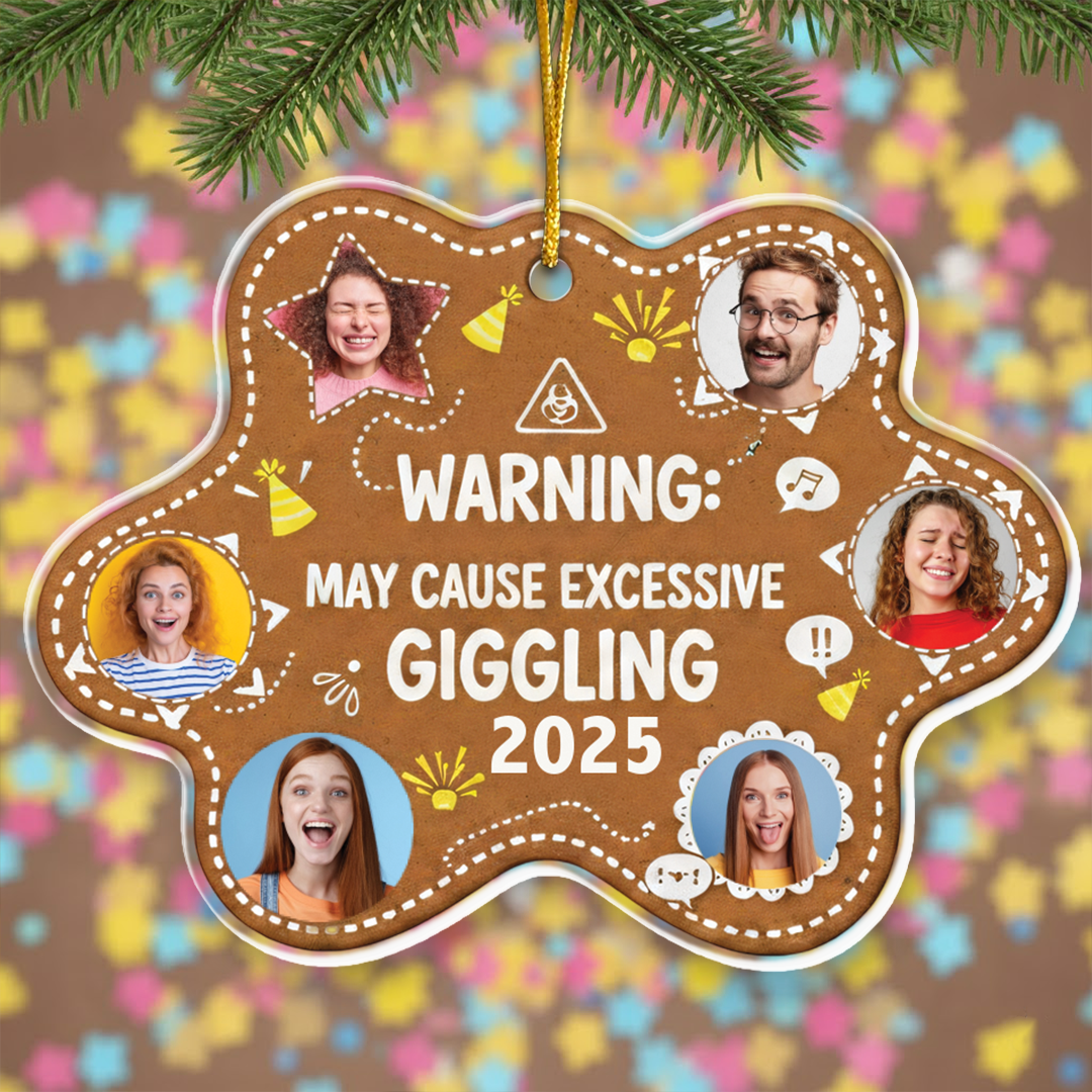 Warning: May Cause Giggling Funny Photo Ornament - Custom Names & Pictures Gift
